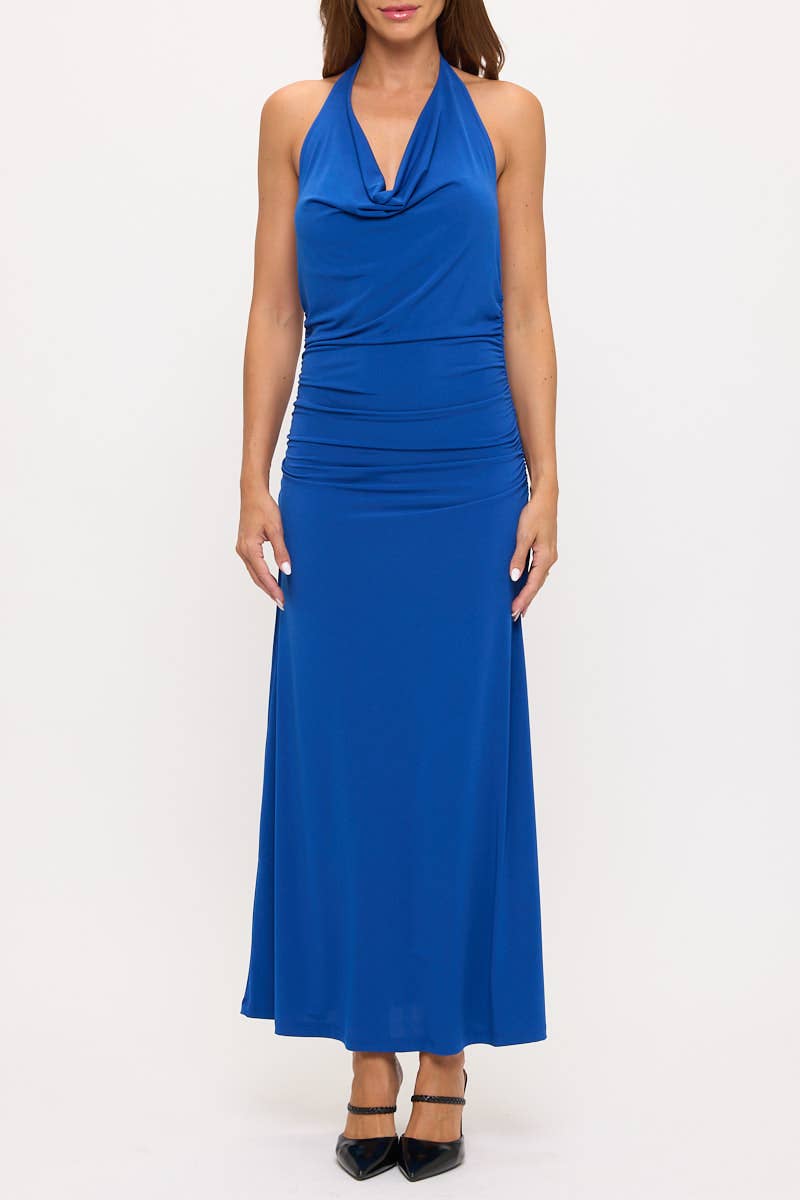 Blue Made in USA Halter Jersey Maxi Dress w Ruched Back for wholesale on Faire1