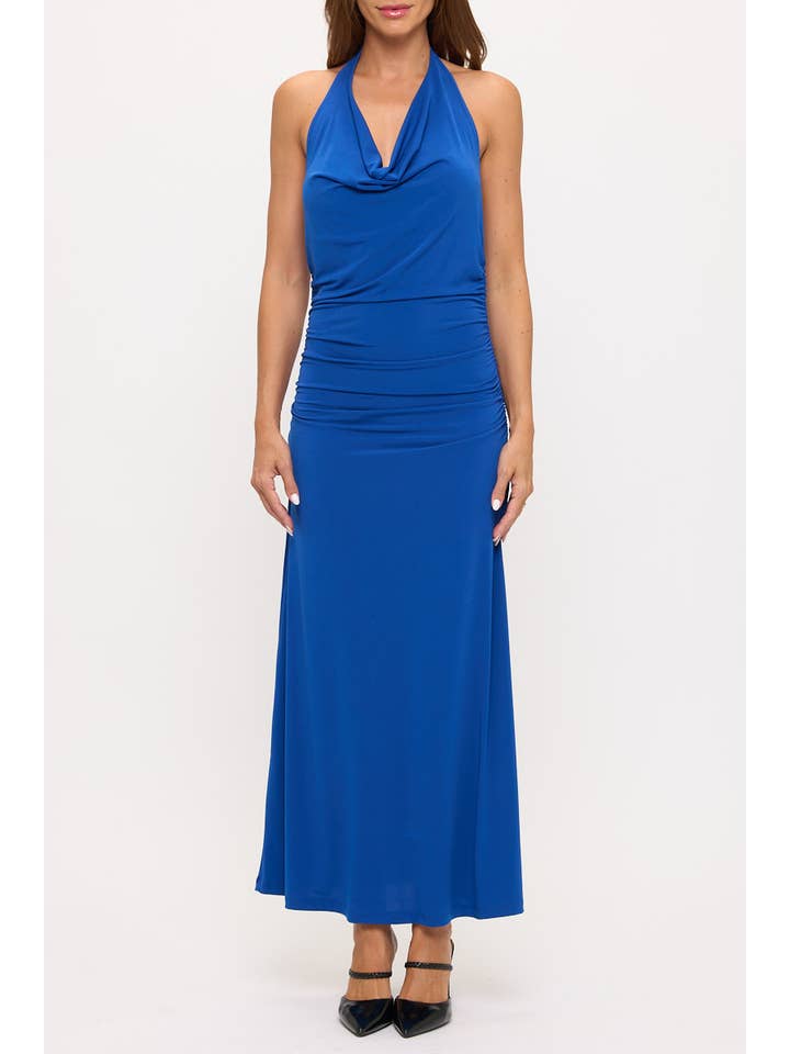 Blue Made in USA Halter Jersey Maxi Dress w Ruched Back for wholesale on Faire1