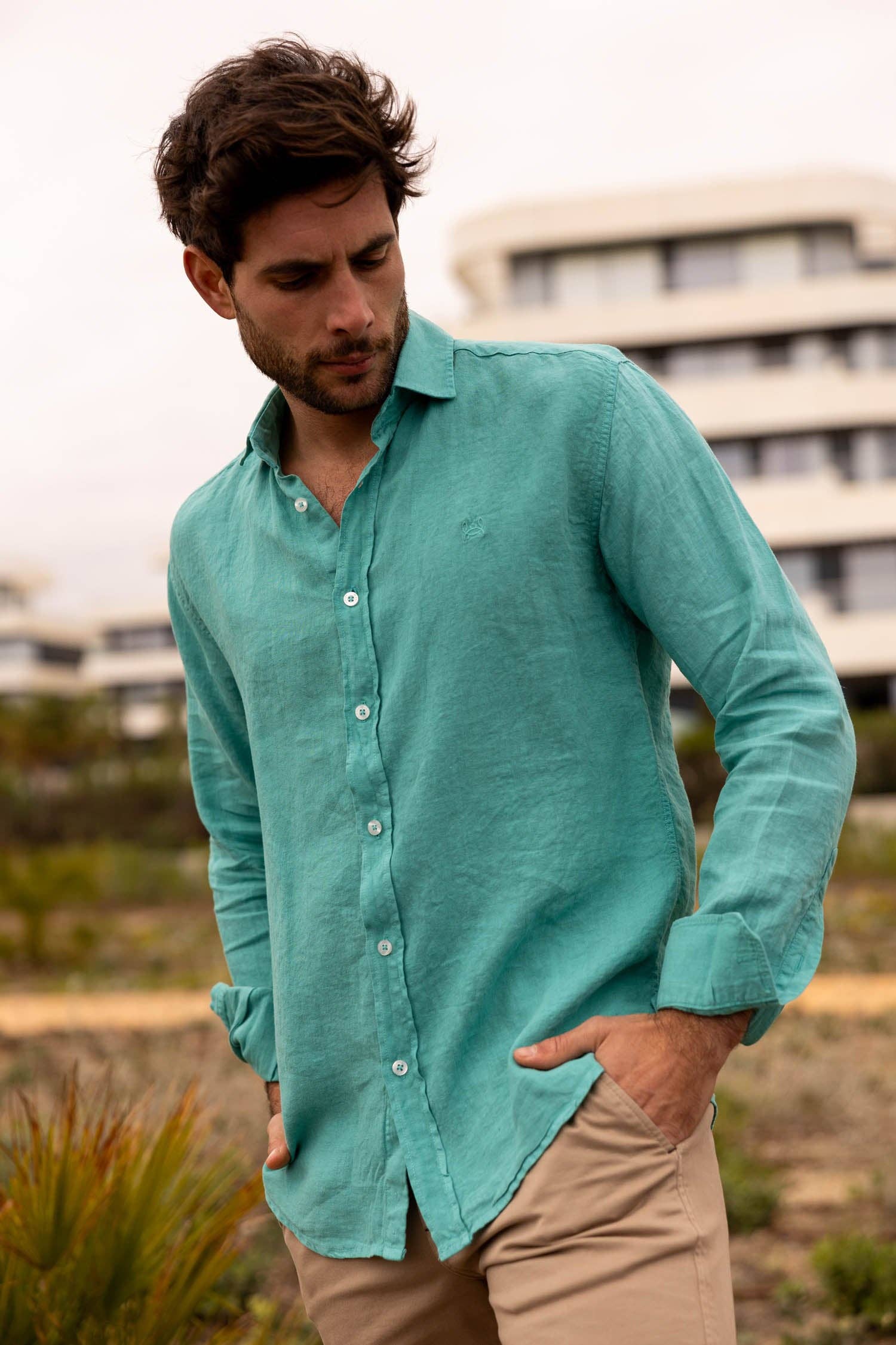 Custi Mikelo: Men's Clothing & Christmas Gifts - Wholesale Button Down Shirt - Men's - Turquoise Blue Linen Shirt | Lanzarote2