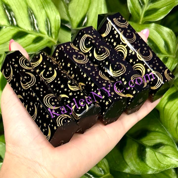 KayleeNYC - Wholesale Spiritual Stone/Crystal - 1 Lb Natural Black Obsidian Etched Moon & Star Tower2