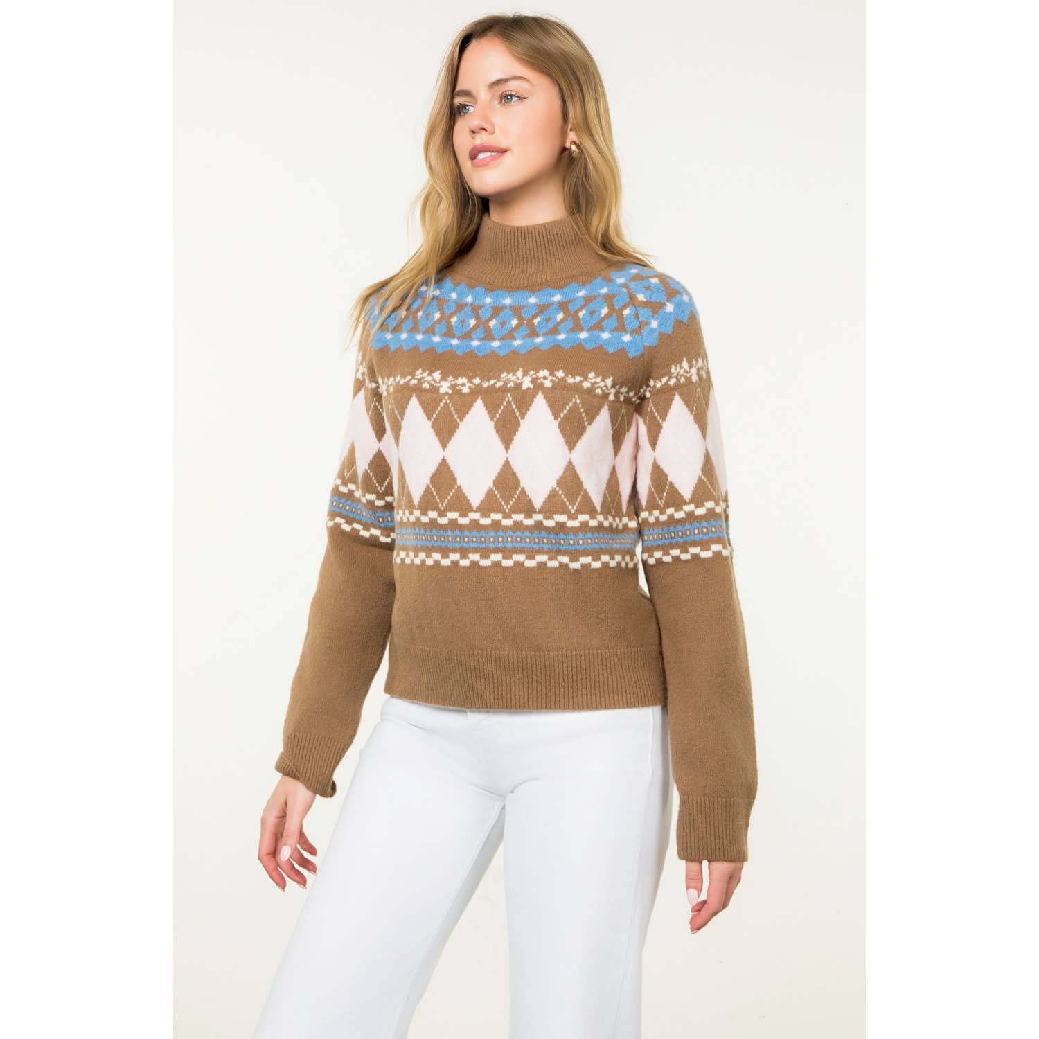 BROWN Argyle Fair Isle Mock Neck Sweater for wholesale on Faire1