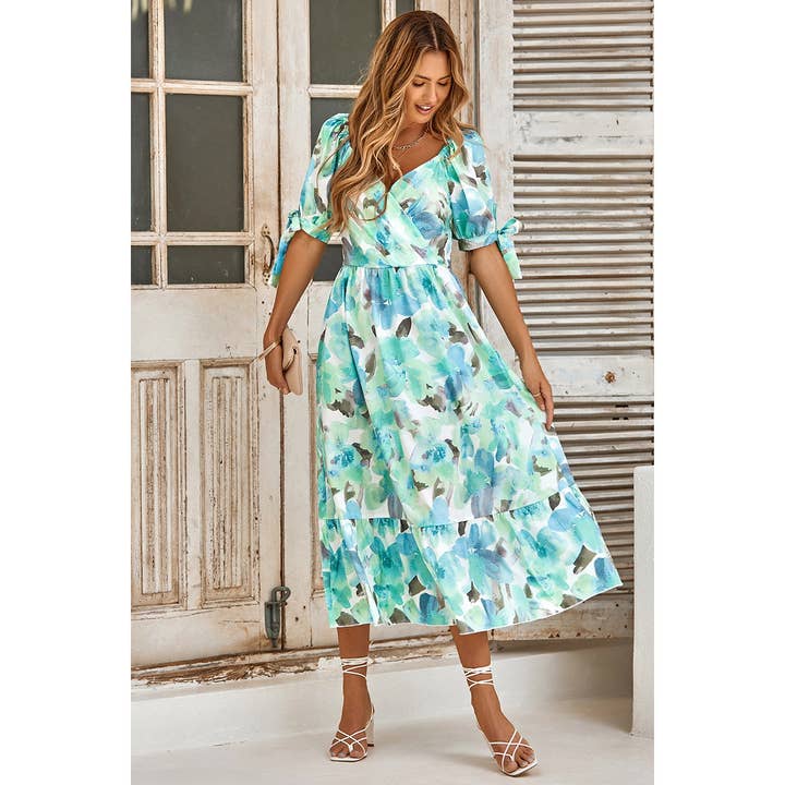 Floral Paint Short Sleeve Tie Cuff Surplice Neck Dress for wholesale by Supreme Fashion