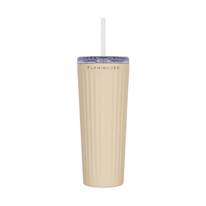 Beige large cup with straw stainless steel for wholesale by Flamingueo