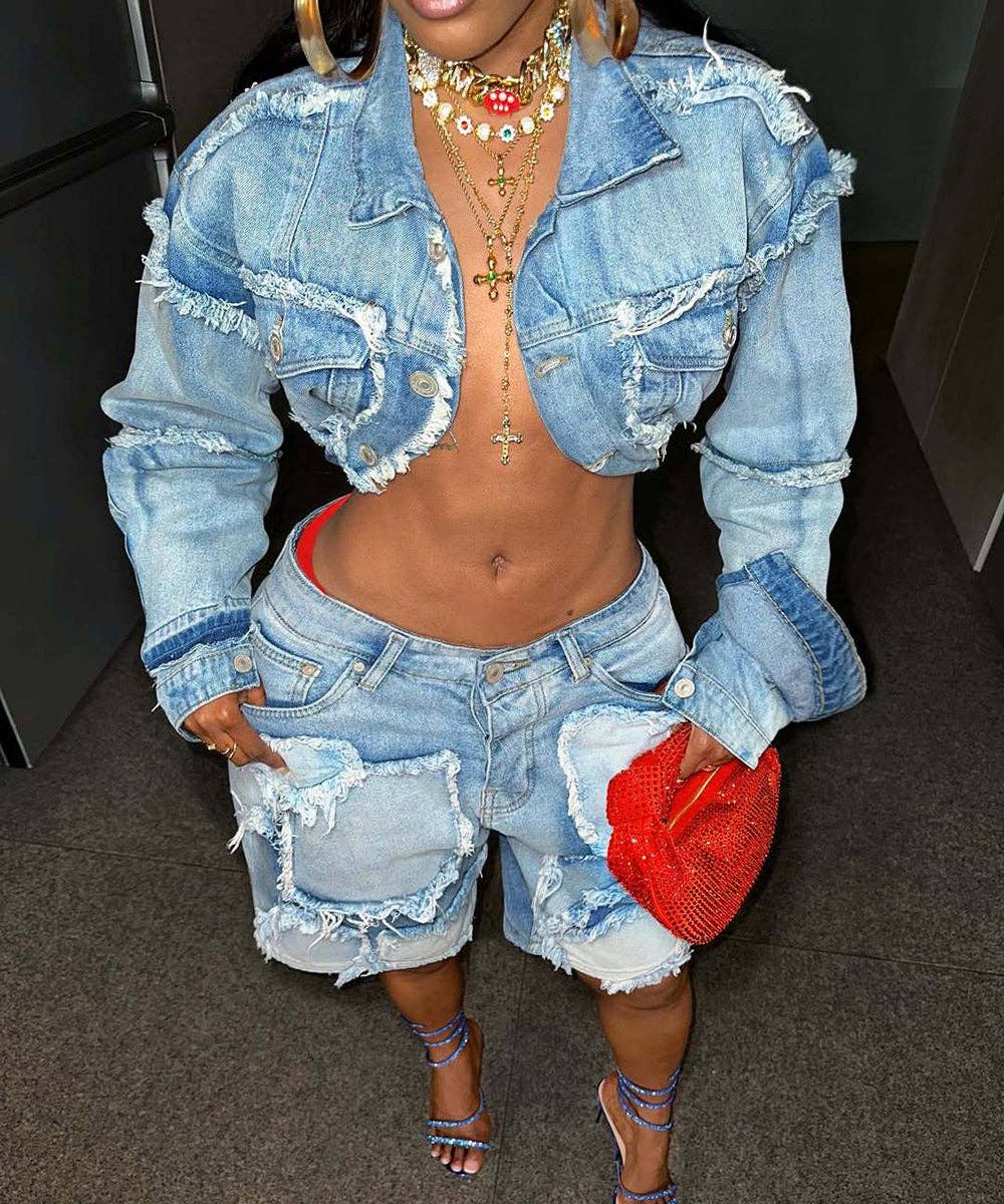 Azul Conjunto de Denim Patchwork Desgastado para venda a revendedores na Faire3