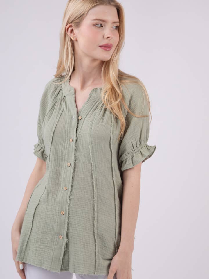 VERY J - Wholesale Button Down Shirt - Women's - NT11453-Puff Sleeve Cotton Gauze Shirts Blouse Top
