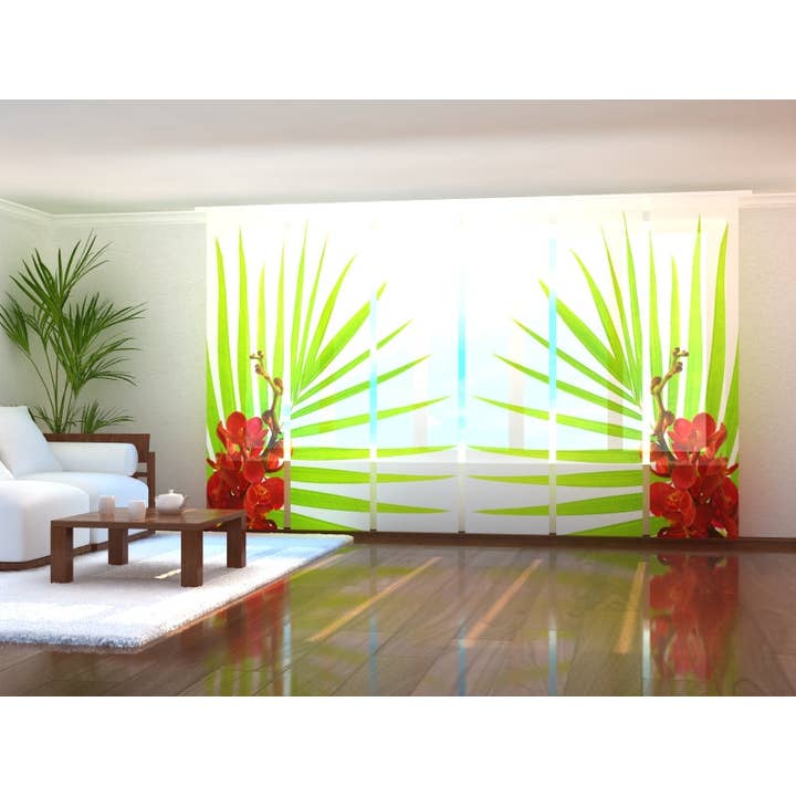Set of 6 Palm Leaf Panel Curtains with Red Orchids for wholesale by IlyDecor