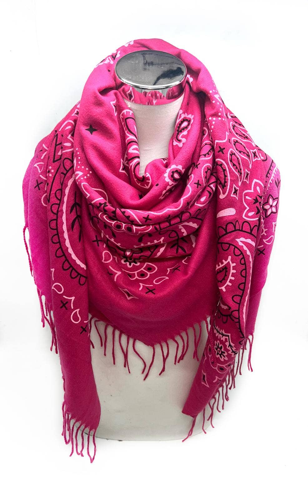 LINETA – Cachecol - Mulher por atacado – K8 Lenço grande quadrado com padrão bandana e franja longa5