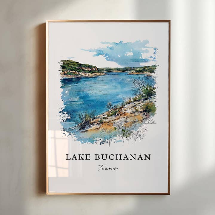 Premium Travel Art - Wholesale Art Print - Lake Buchanan TX Wall Art, Lake Buchanan Print, Llano County Watercolor, Lake Buchanan Gift,0