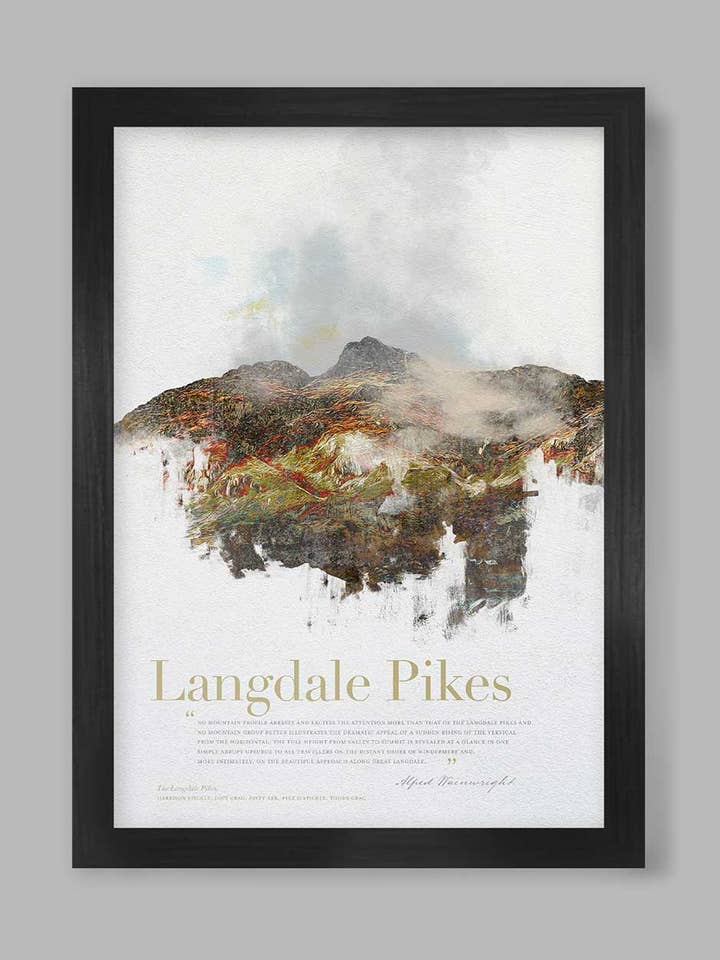 Langdale Pikes in Wainwright's Words - Lake District Poster Print for wholesale by The Northern Line