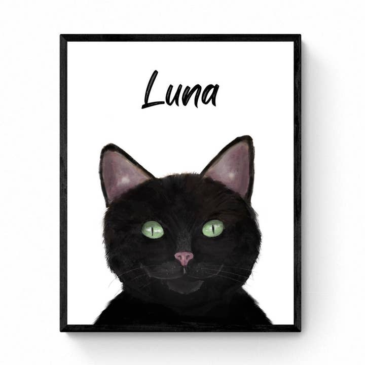 Retrato Personalizado de Gato Negro, Impresión Personalizada con Nombre de Gato, Pintura de Mascota, Gato Negro con Ojos Verdes, Memorial de Animal, Regalo para Amante de los Gatos para venta al por mayor de MerikaArt