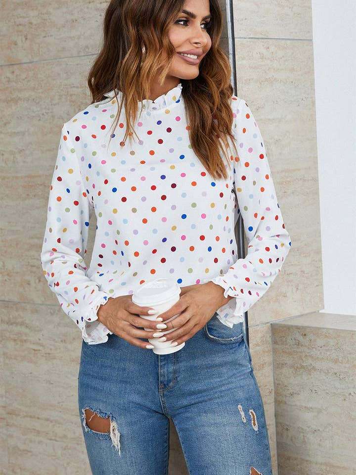 Polka Dot Print Frill Detail High Neck Top In White for wholesale on Faire4