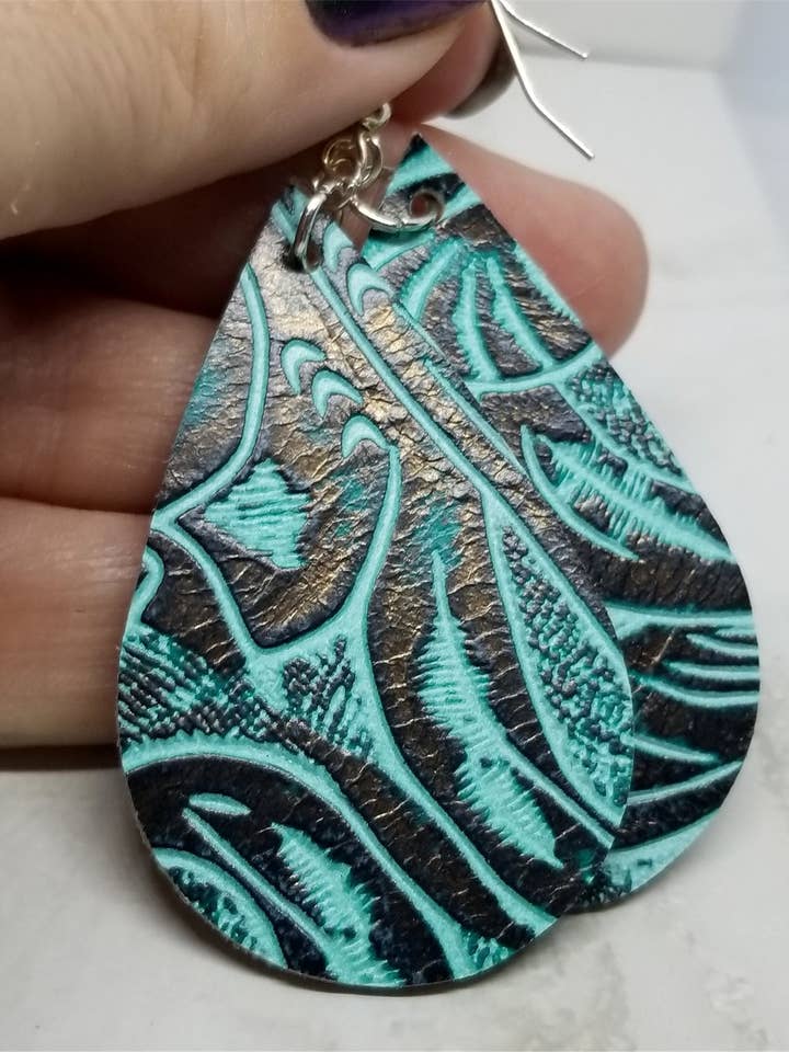 Black and Turquoise Colored Embossed Real Leather Earrings for wholesale by Simply Raevyn
