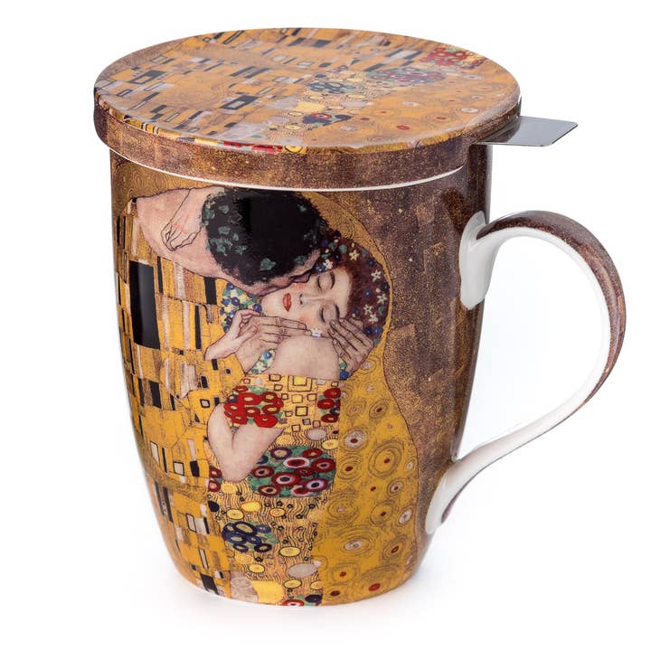 Tasse à thé Klimt « The Kiss » avec infuseur et couvercle pour la vente par McIntosh Mugs