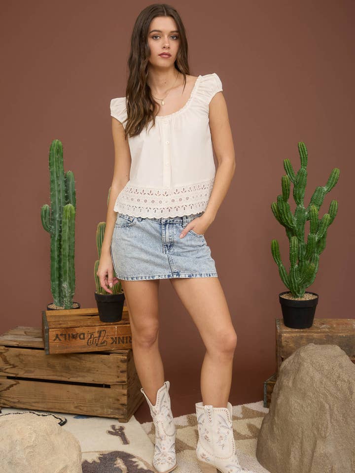 Blu Pepper - Wholesale Blouse - Women's - EYELET LACE TRIM SHORT SLEEVE BUTTON DOWN BLOUSE14