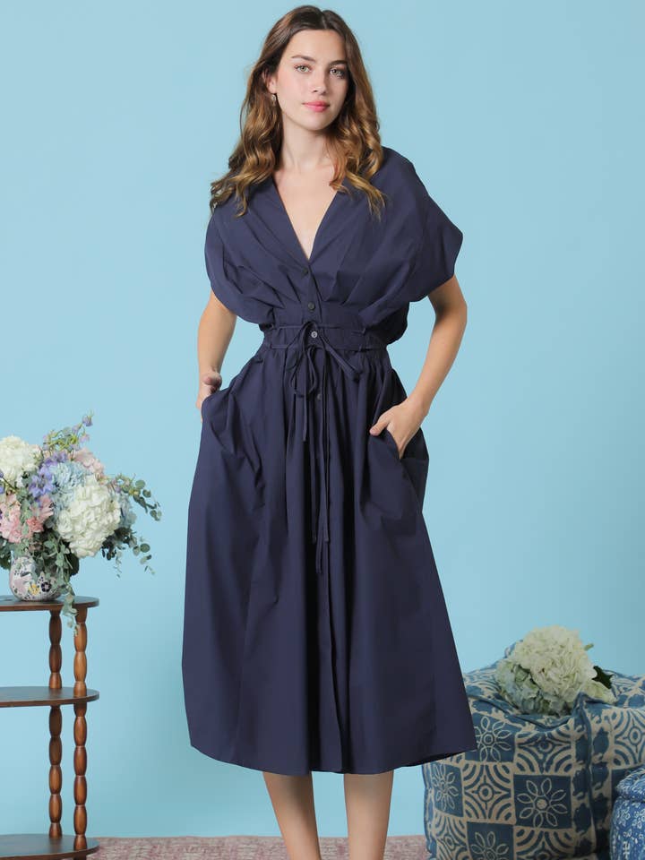 Waist pleats detail extended sleeve midi dress for wholesale by Fleur d'Or