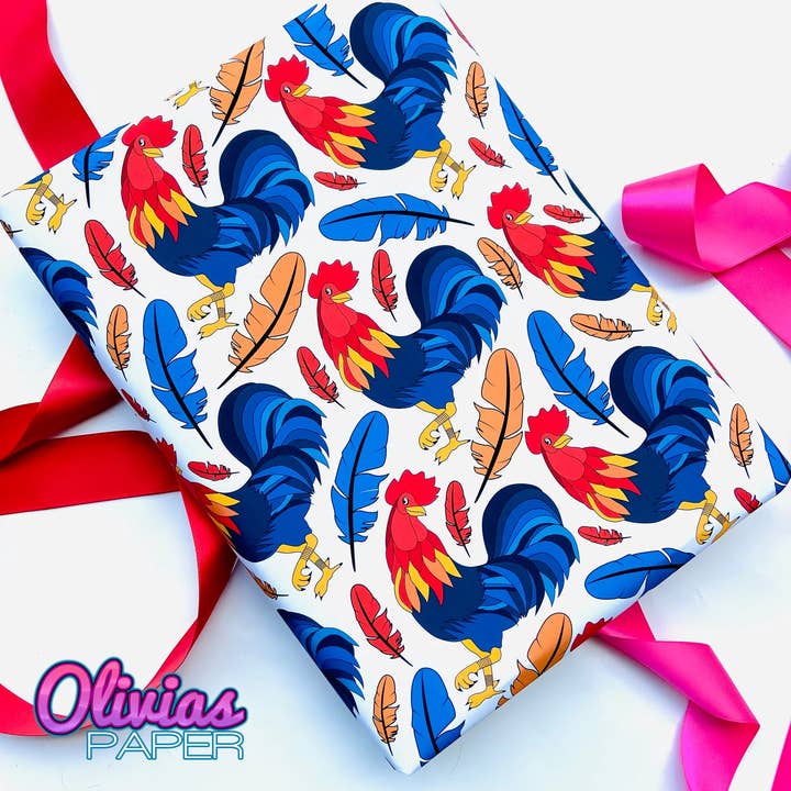 Olivias Paper - Wholesale Flat Wrap - French Rustic Blue Rooster Gift Wrap