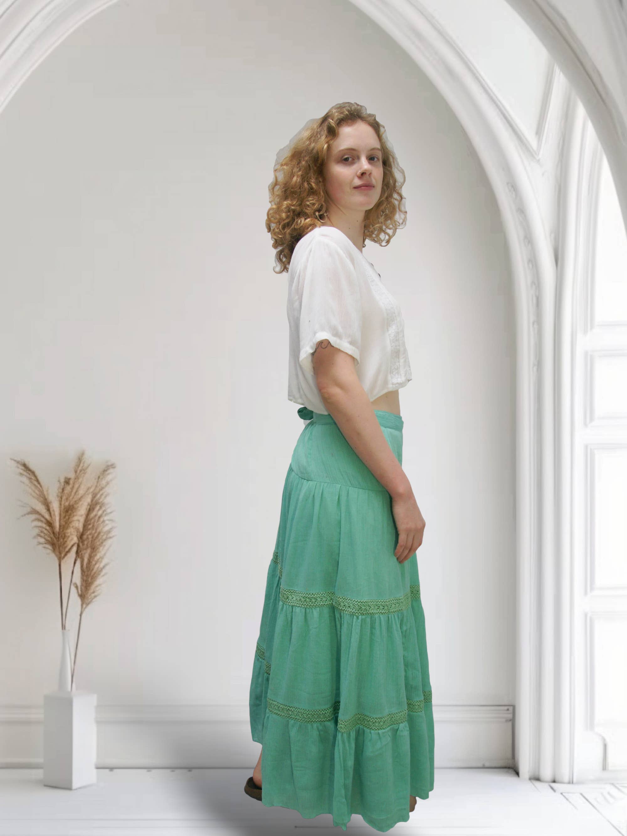 KASHI INC – Saia - Mulher por atacado – Saia comprida em crepe de algodão com renda e forro5