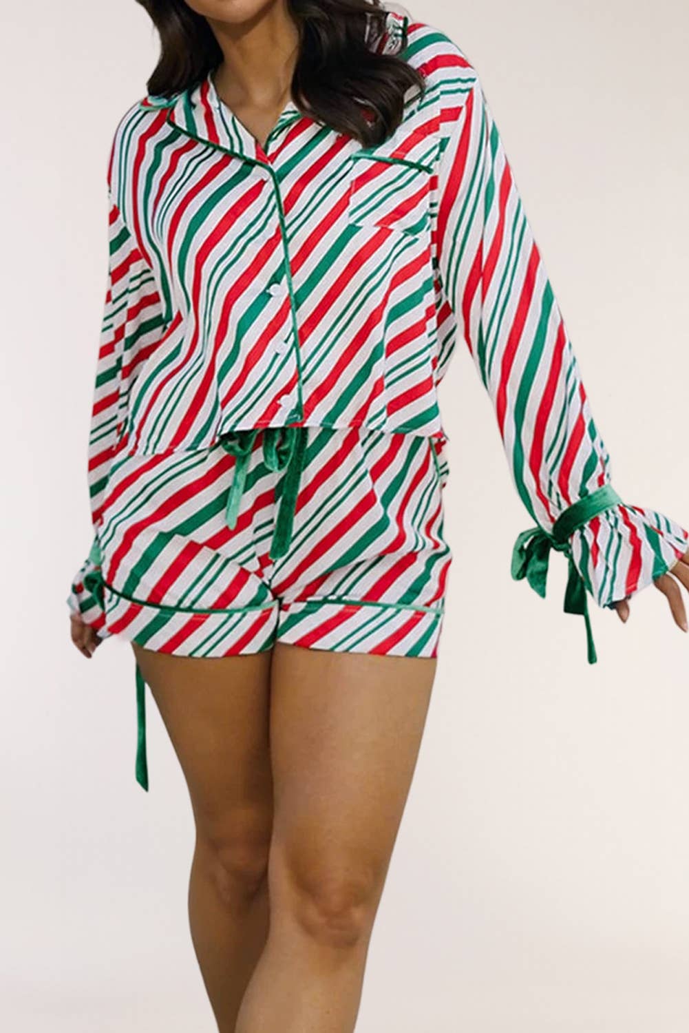 Green Stripe Contrast Velvet Ribbon Knot Christmas 2pcs Pajama Set for wholesale on Faire2