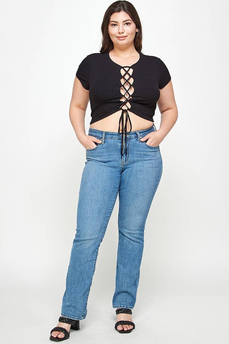 Haute Fox Plus Size & Contemporary – wholesale Stickad topp - Dam – Plus Size Ribbad Snörtopp - WG18043-T3