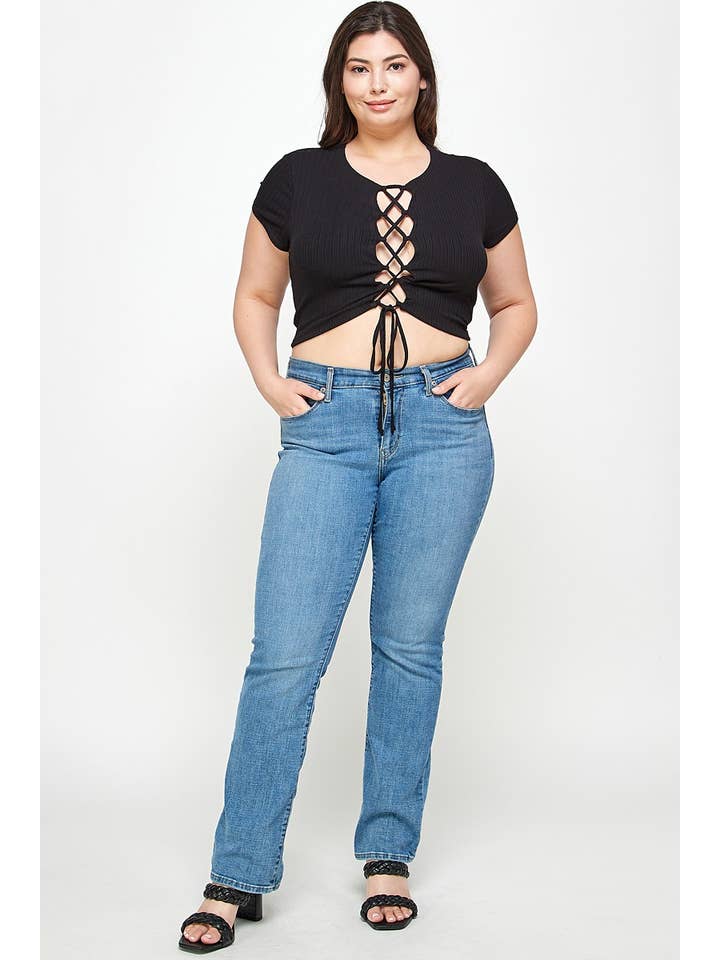 Haute Fox Plus Size & Contemporary – wholesale Knit top – Women's – Plus Size Ribbed Lace-Up Crop Top - WG18043-T3