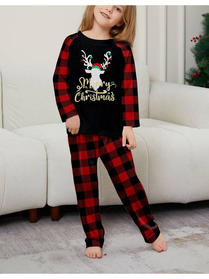 Anna Kaci Wholesale - Wholesale Sleepwear Set - Unisex - Family Christmas Pajama Set with Black Tops Red Plaid Pants