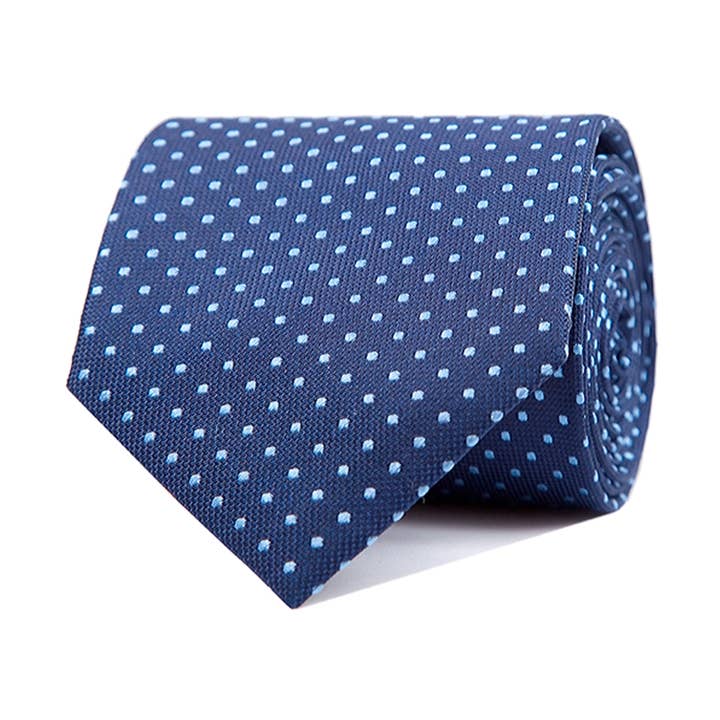 Navy silk tie with light blue dots for wholesale by Ox Gemelos