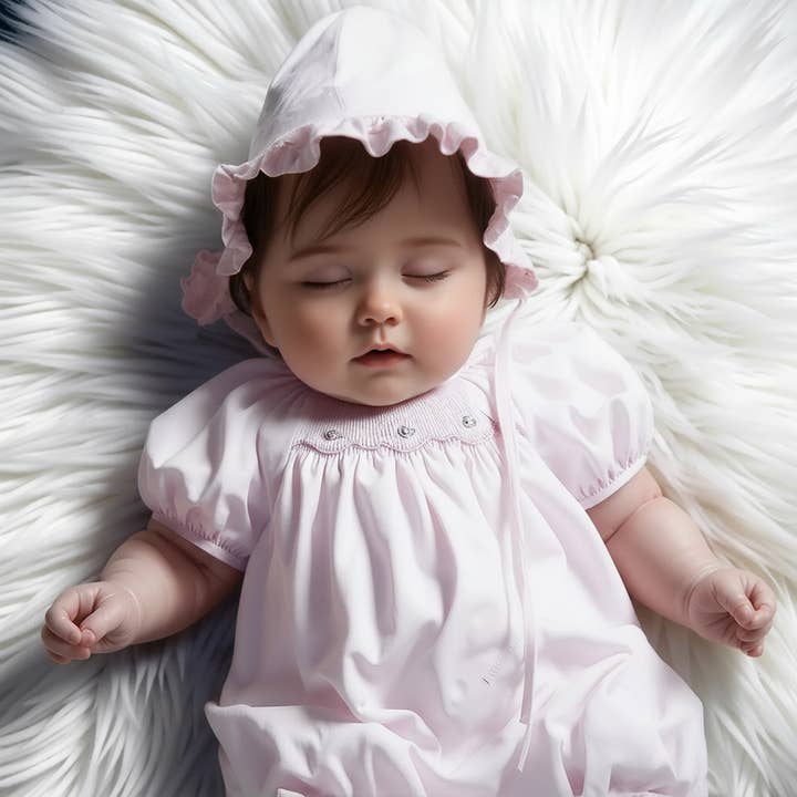 Pink Geometric Smocked with Roses Short Raglan Sleeve Dress & Beautiful Bonnet for wholesale by Hello Bebes!