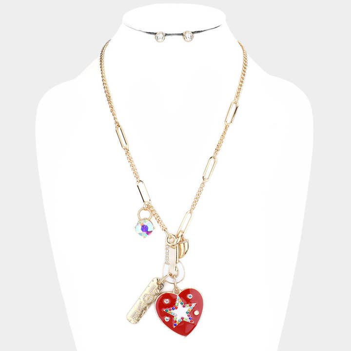 Rhinestone Embellished Safety Pin LOVE Star Centered Enamel Heart Pendant Necklace for wholesale by Madeline Love