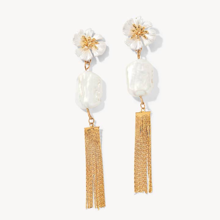 Freshwater Pearl Earrings, Flower Earrings, Gold Fringe Earrings, Mother of Pearl Earrings, Gold Bridal Earrings for wholesale by Saharas Essentials