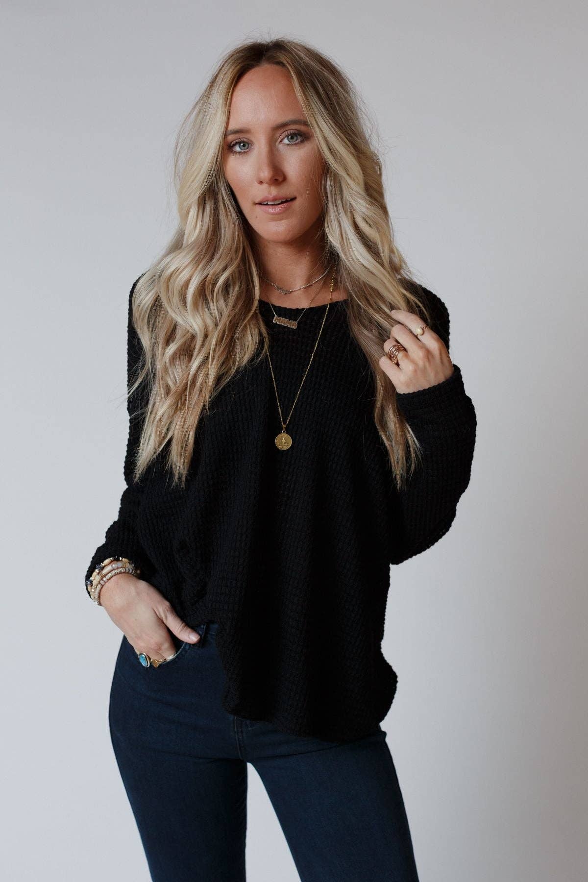 Three Bird Nest - Wholesale Knit Top - Women's - Flattering Open Back Thermal Knit Top - Black0