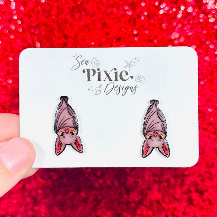 Cute Upside-Down Brown Bat Halloween Stud Earrings for wholesale by Sea Pixie Designs