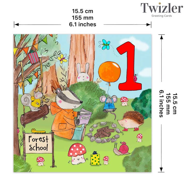 Twizler Ltd - Vente Cartes d'anniversaire - Carte d'anniversaire 1 an - 1er - École de la forêt2