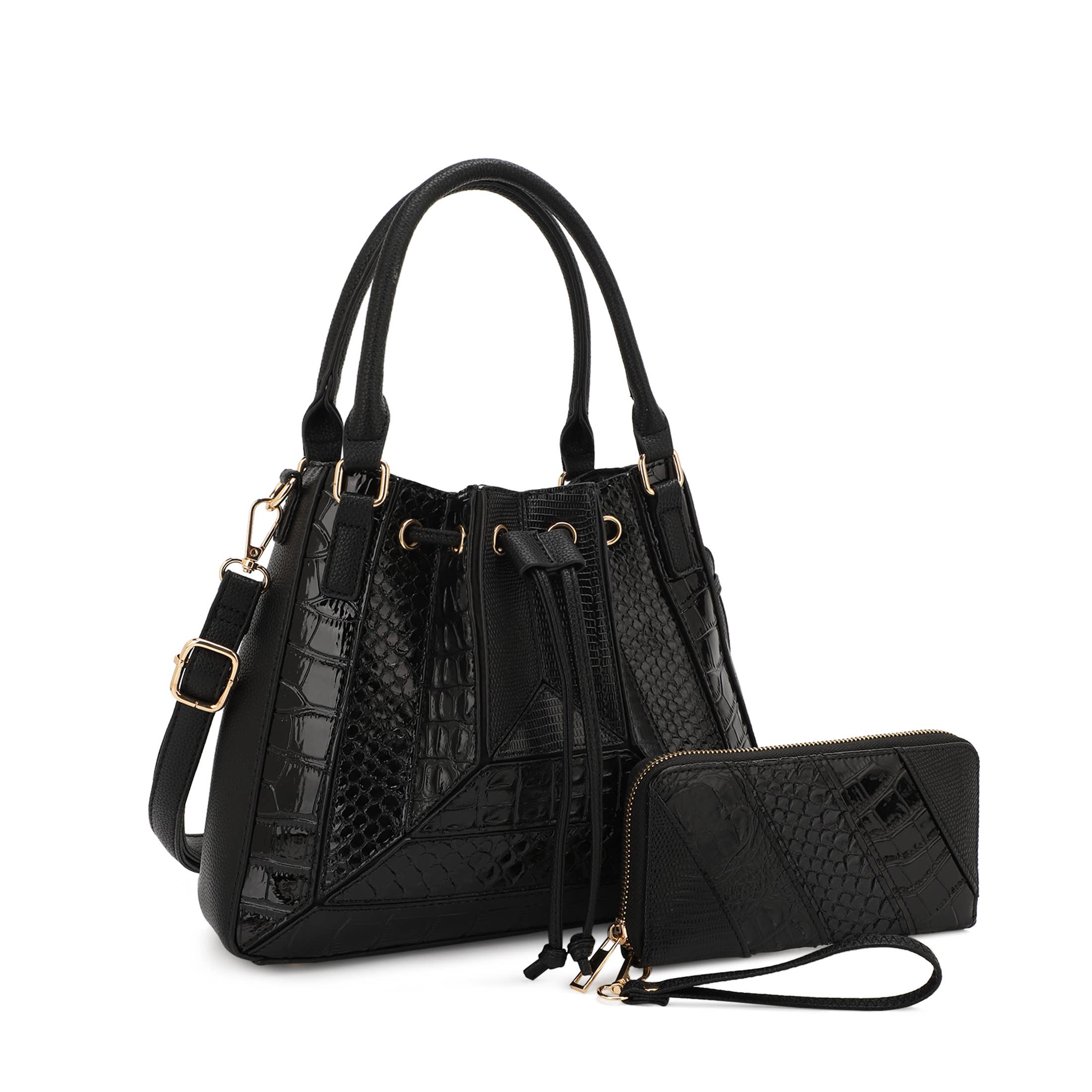 Black ROWENA PATCHWORK BUCKET BAG SET WITH WALLET for wholesale on Faire7