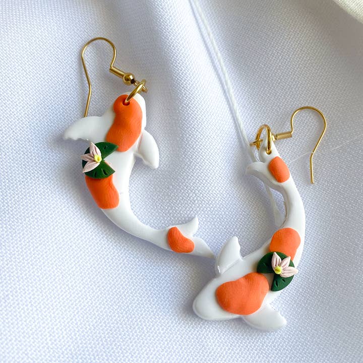 Koi Fish Orange & White / Clay Fish Animal Earrings for wholesale by Peripheral US