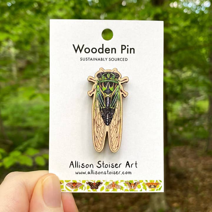 Linne's Cicada Wooden Pin (Sustainably Sourced) for wholesale by Allison Stoiser Art