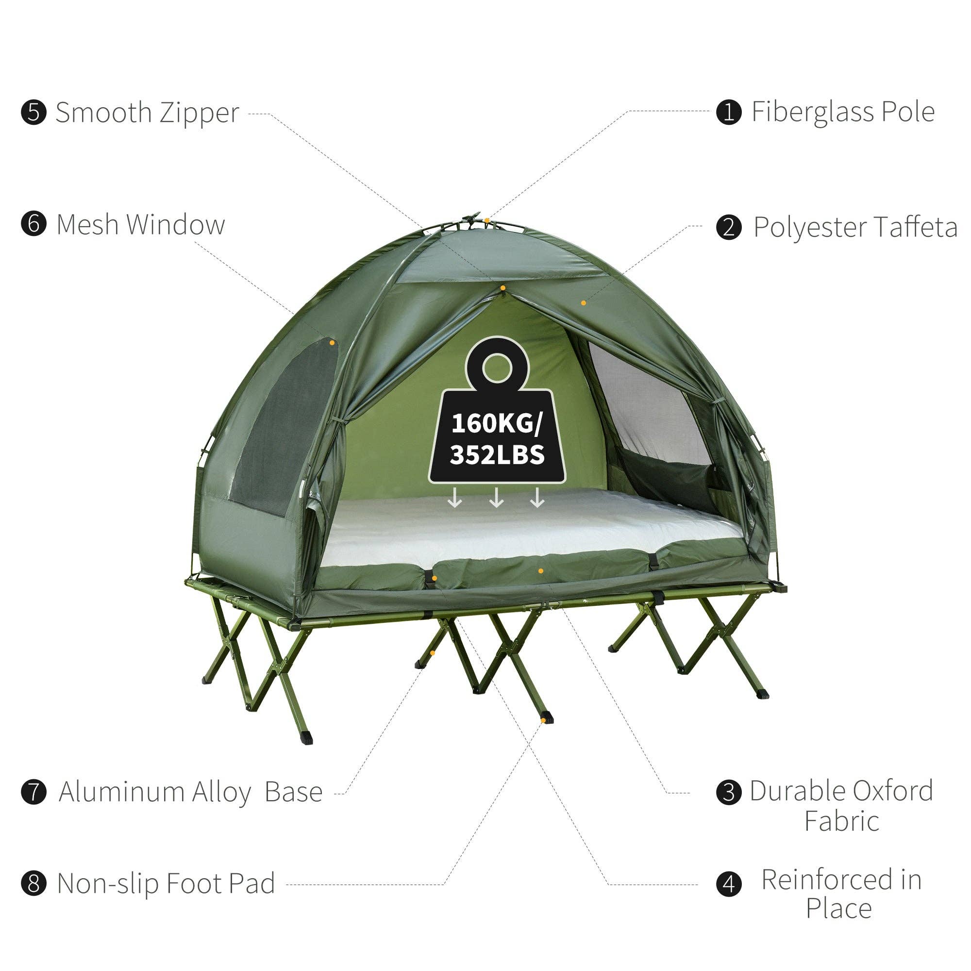 39F Inc. - Wholesale Tent - 2-Person Foldable Camping Cot Tent with Air Mattress, Green1