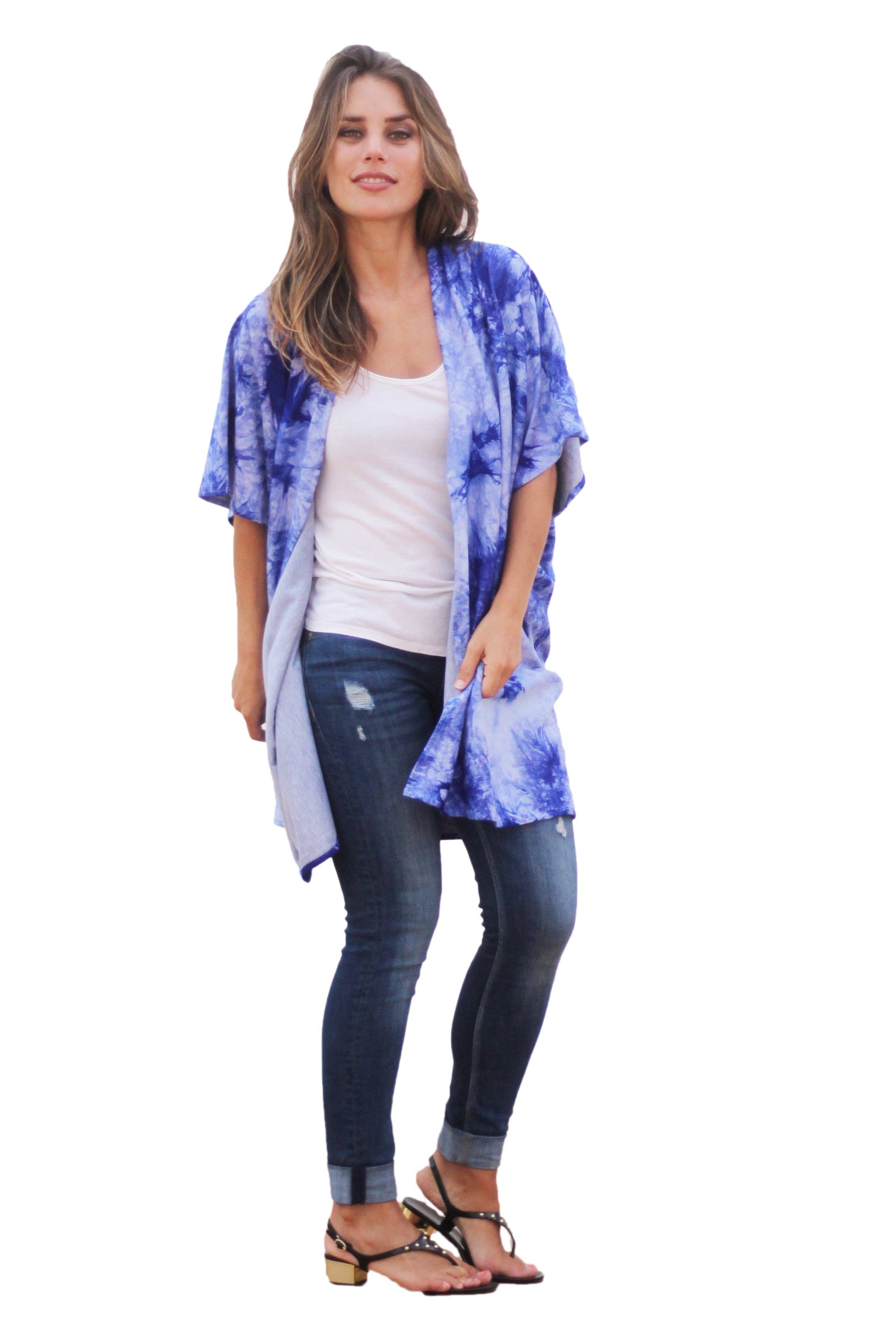 BRANDELIA - Vente Cardigan – femme - Gilet long ouvert pour femme à manches 3/4, motif batik bleu8