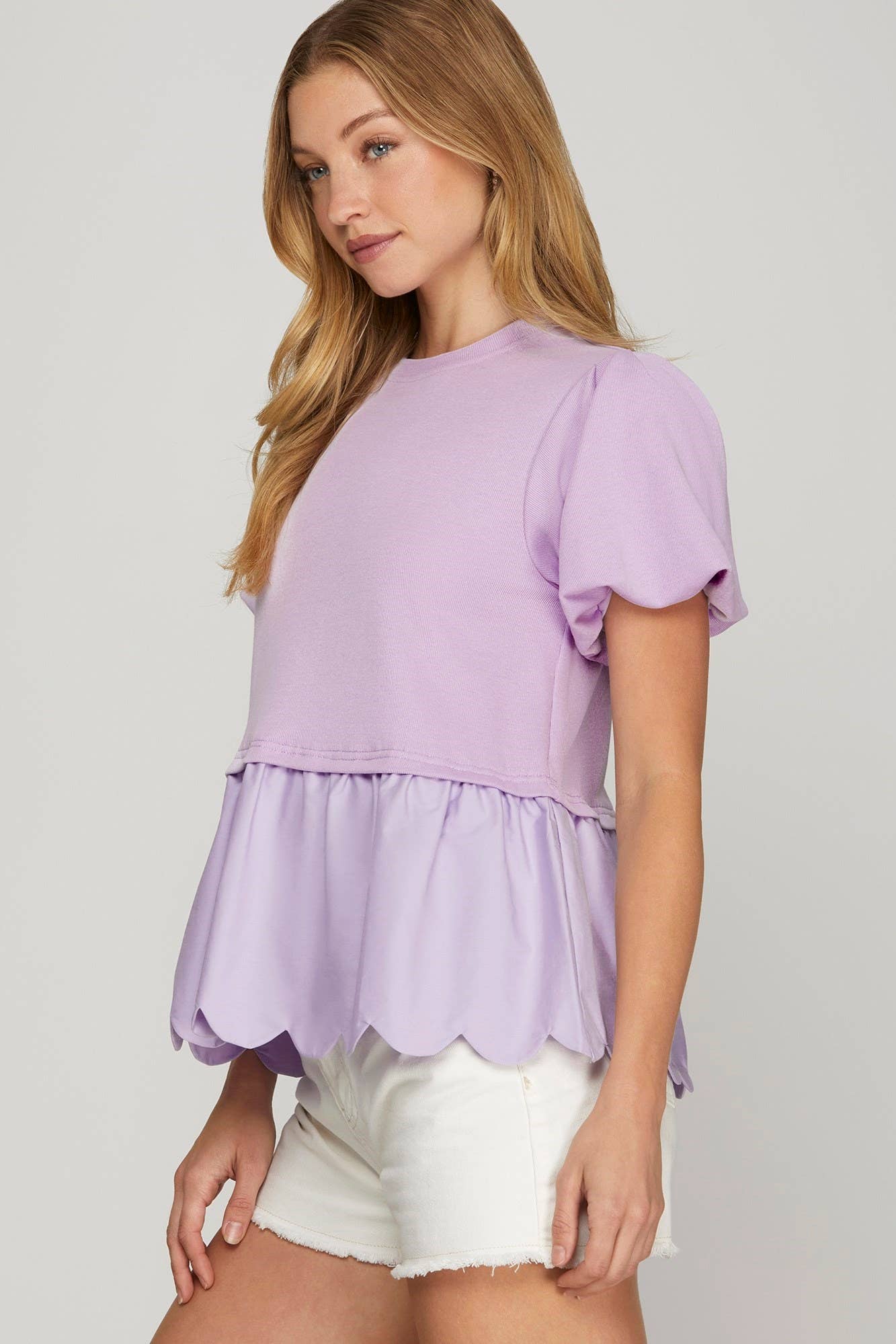 Vanilla Monkey – Top de malha - Mulher por atacado – Top combinado de malha com mangas bufantes e bainha ondulada.1