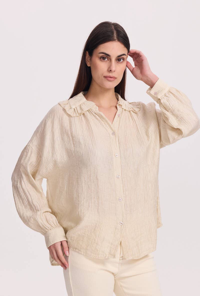 SUNNY STUDIO - Wholesale Button Down Shirt - Women's - Light blouse with gathered collar0