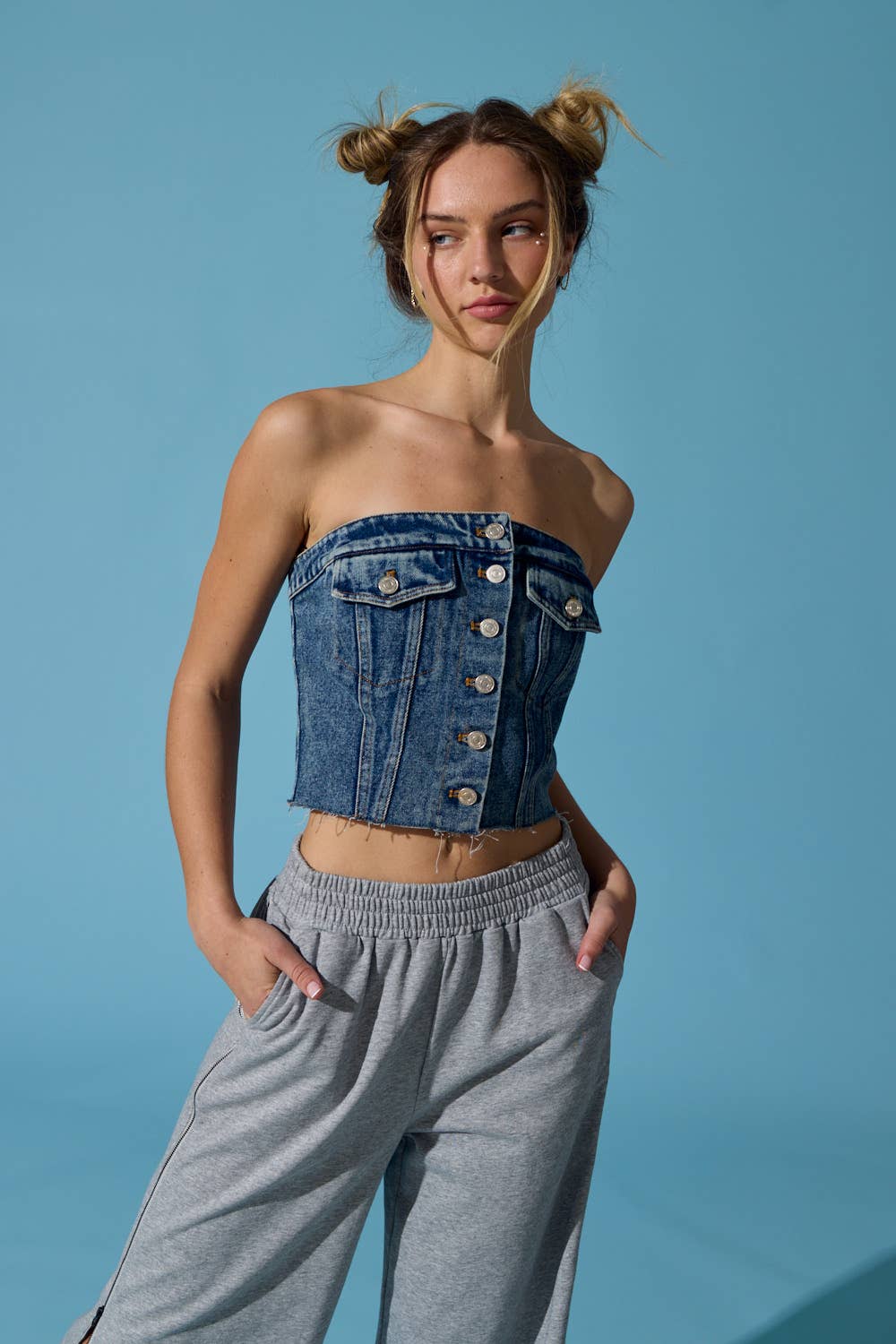 Blue Corset Style Curved Hem Strappy Crop Top Flavia, Femme Luxe