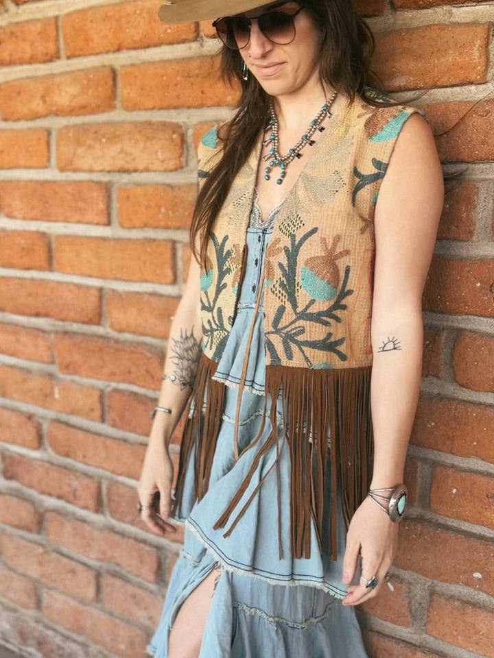 Wylder Trading Company - Wholesale Outerwear Vest - Women's - Boho Western Fringe Cowgirl Hippie Vest Leather Kantha14