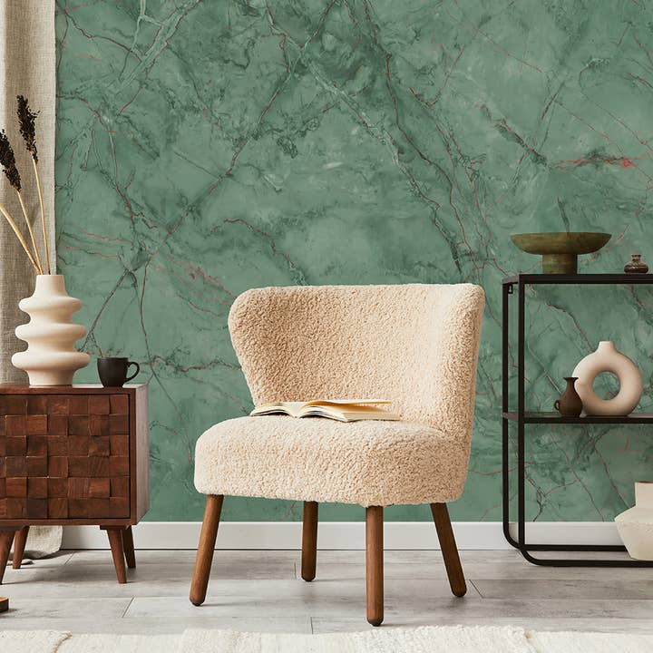Emerald Green Marble Wallpaper, Red Veins, Peel&Stick Mural for wholesale by SimurgWallArts