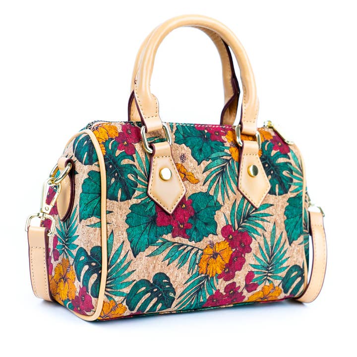 Meninas Bonitas Cork - Wholesale Crossbody Bag - Women's - Floral Cork Crossbody Barrel Bag BAG-2335
