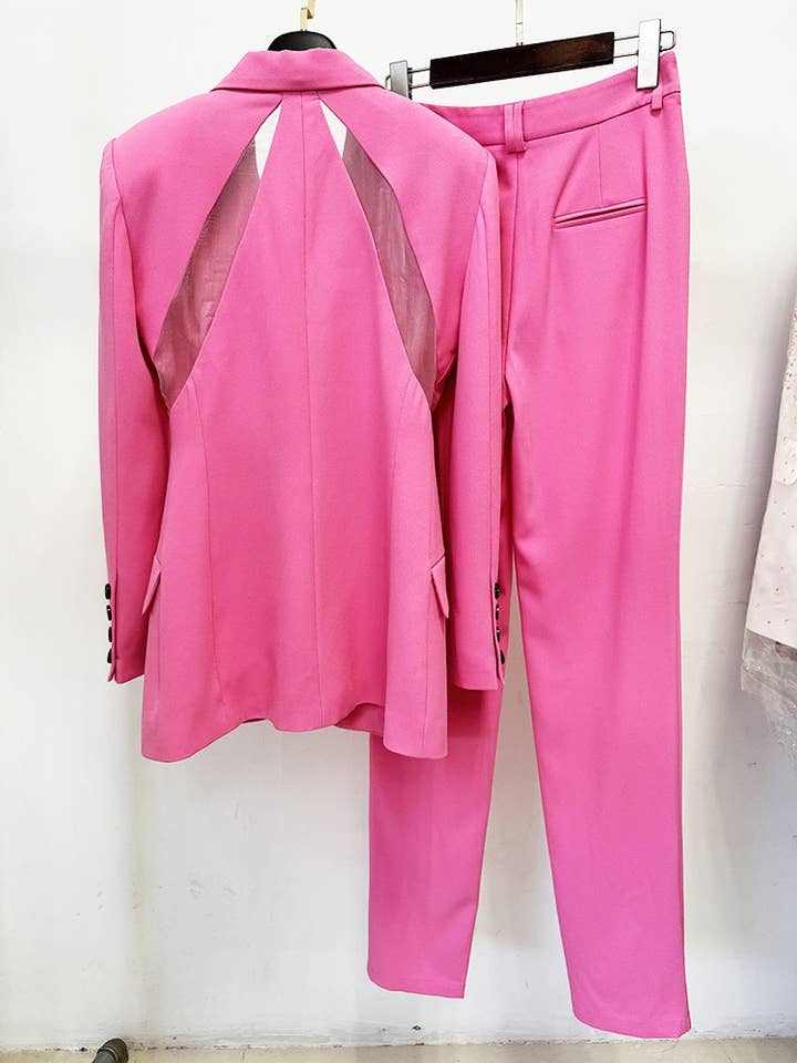 SET7-7Y Chic Pink Mesh-Stitch Slim Suit Set for wholesale on Faire