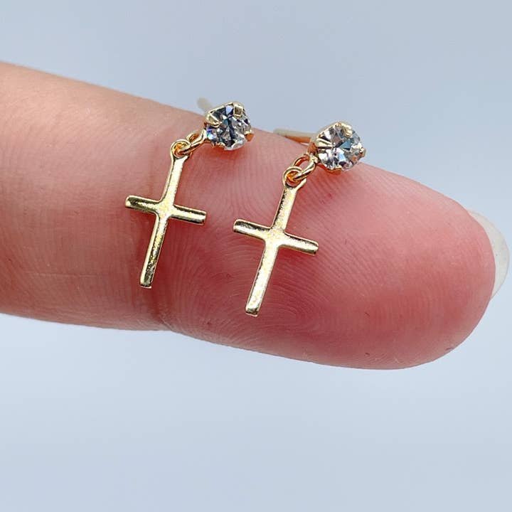 Milie Jewels - Wholesale Stud/Post Earrings - 18k Gold Filled Tiny Hanging Cross with Cubic Zirconia Stud Earrings Wholesale