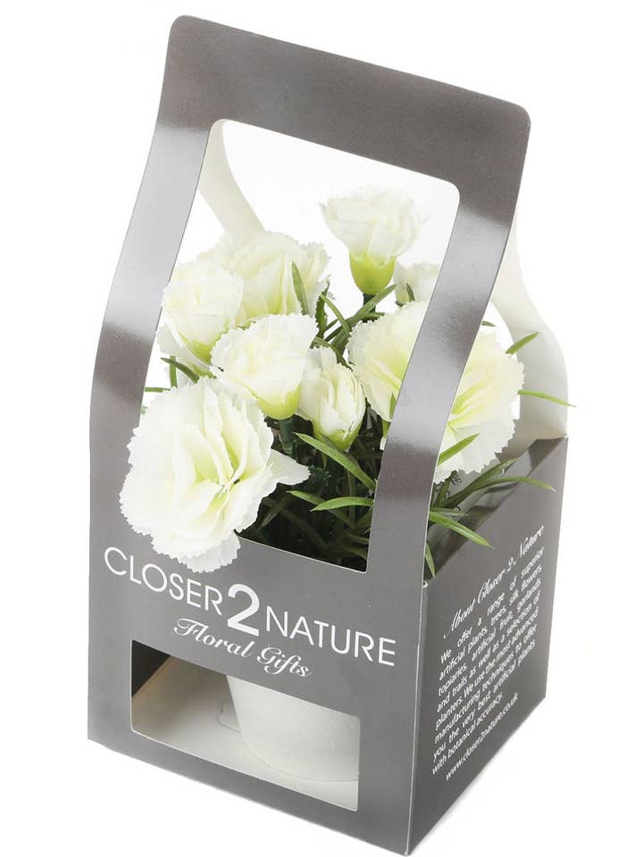 Kunstig 15 cm hvid nellikplante med gaveæske for engroshandel hos Closer2Nature