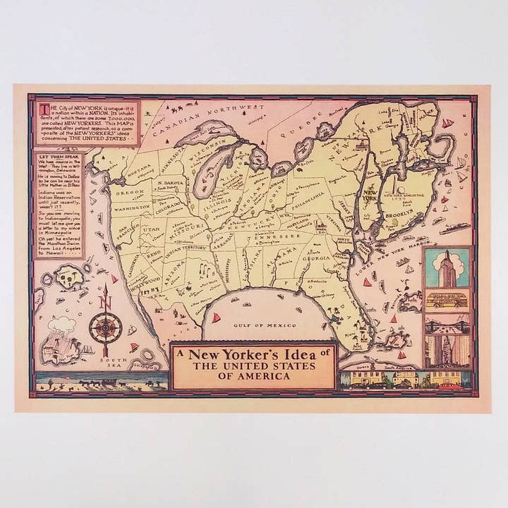 New Yorker's Map of the US - Vintage Map Reproduction for wholesale by Big Wheel Press