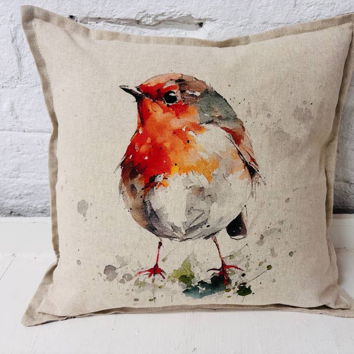 16” Christmas Robin Cushion - Nadolig Llawen Robin Christmas Cushion Welsh Christmas Cushion -decorative pillow Cover festive decoration for wholesale by Lizzie Dixon Designs