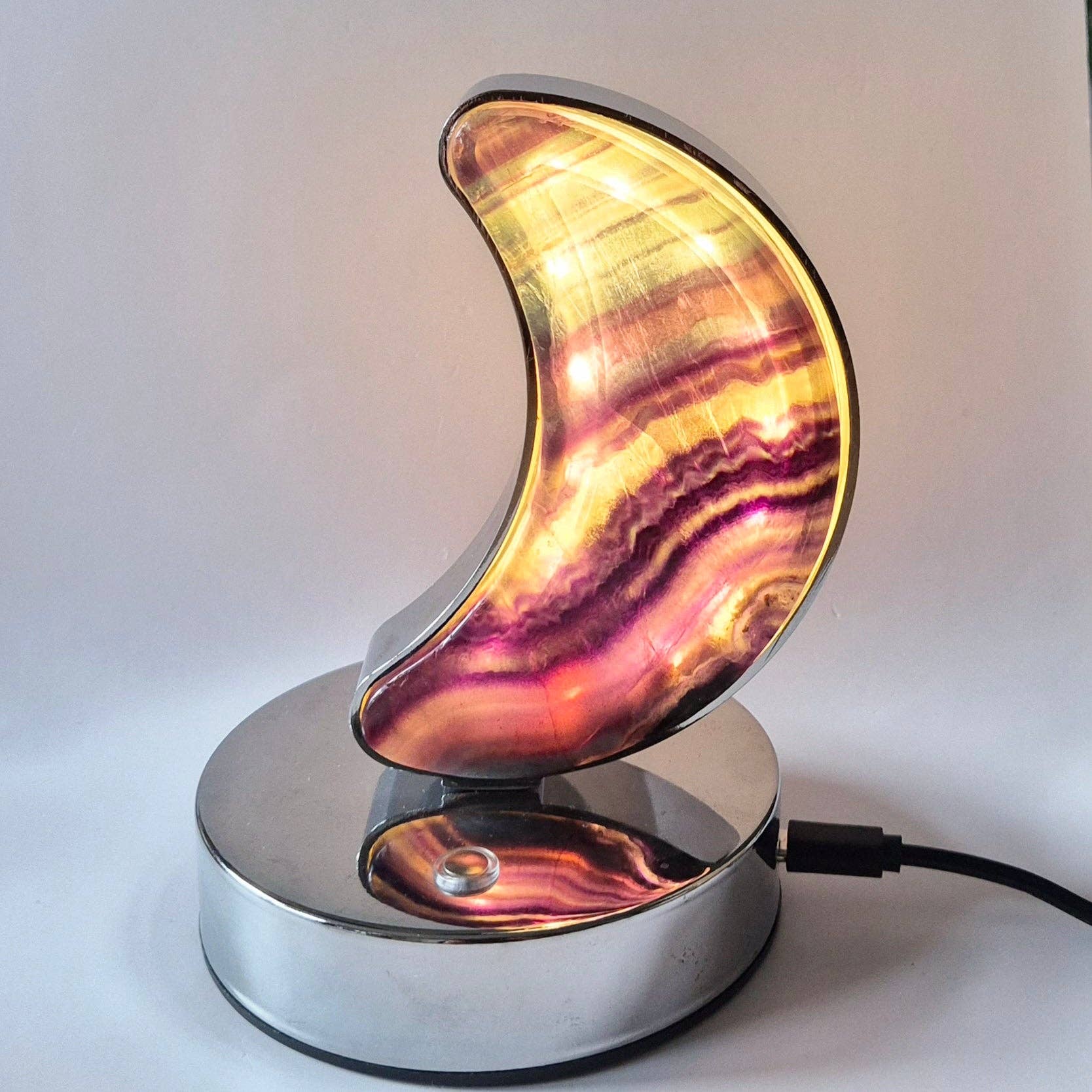 Moonlight Gemstones - Wholesale Accent/Desk Lamp - Candy Fluorite moon lamp on silver-colored base – with dimmable LED & USB connection1