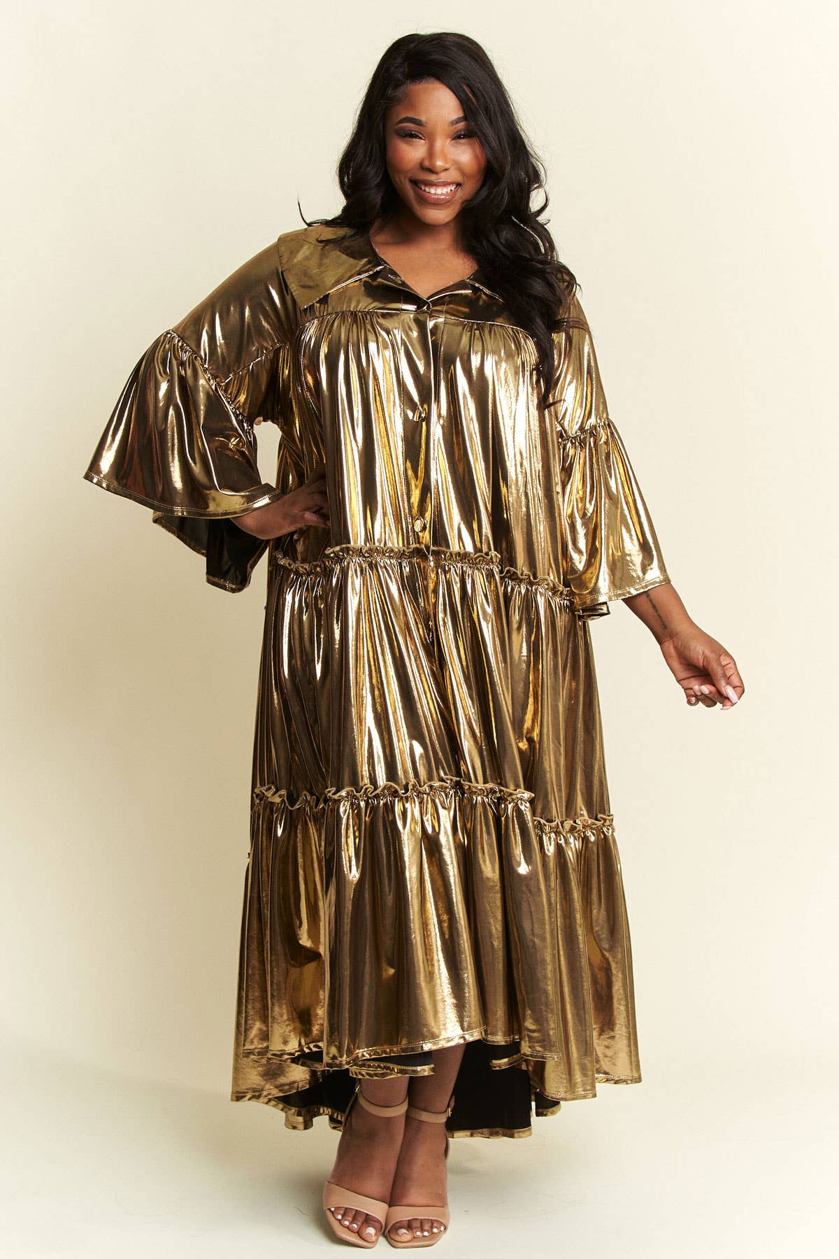 Namatt Design - Vente Robe – femme - Robe évasée plissée métallisée à plusieurs niveaux à manches évasées14